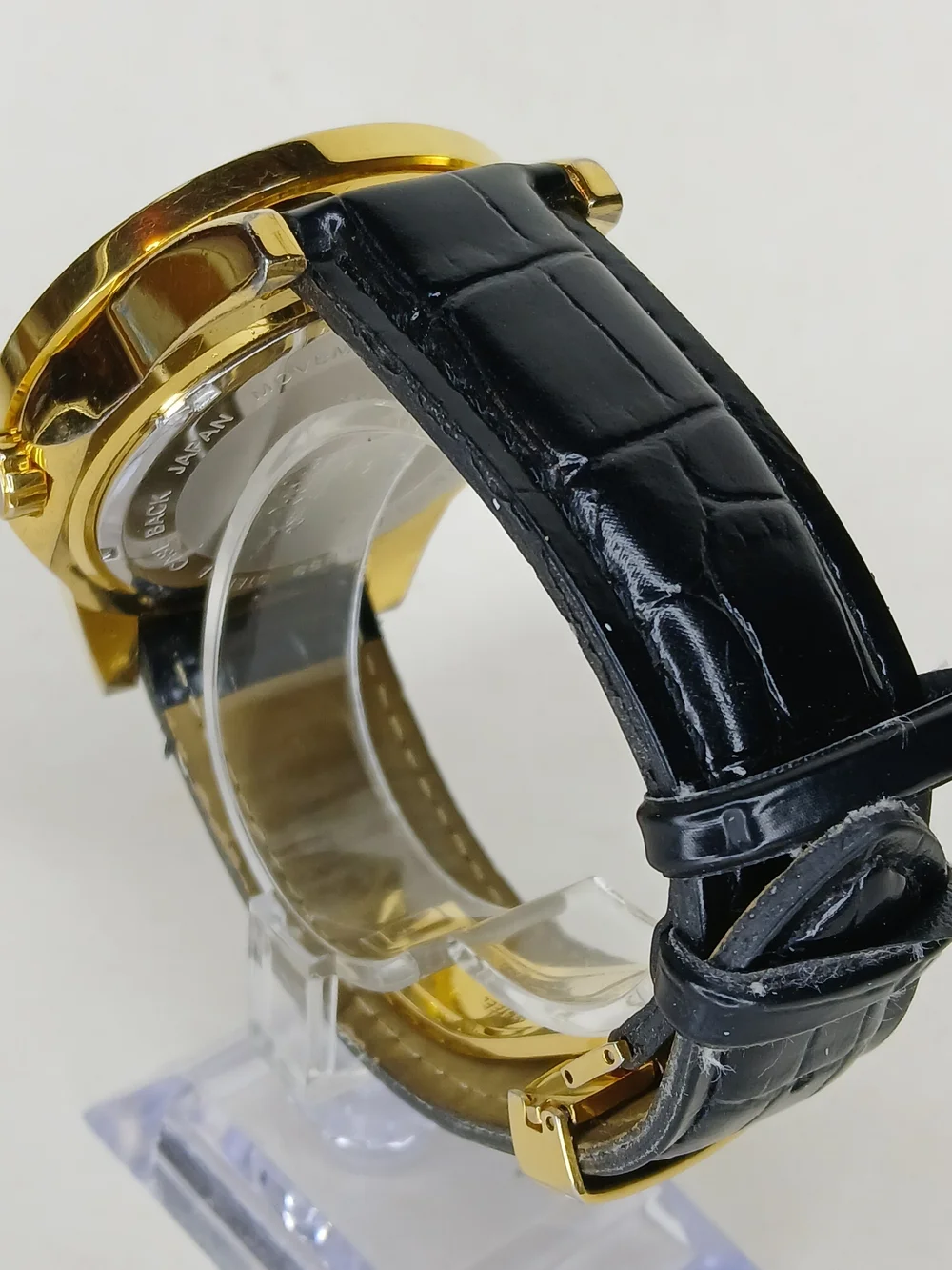 Techno Royale Mens Watch Gold Tone Case Genuine Diamond Bezel Black Leather...